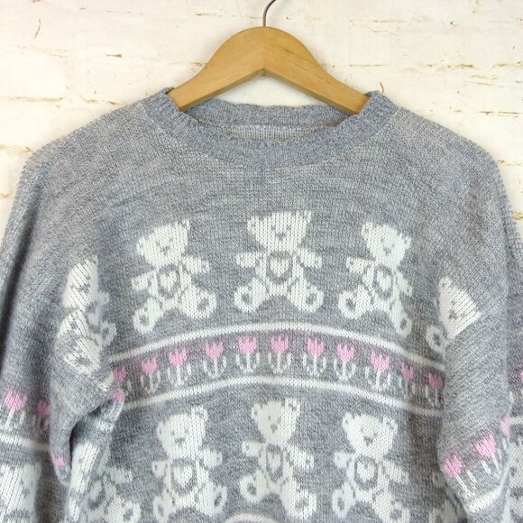 VTG 80s Adele Sweater Womens L Gray Pink Teddy Bears Floral Kidcore Kawaii USA - Picture 2 of 8